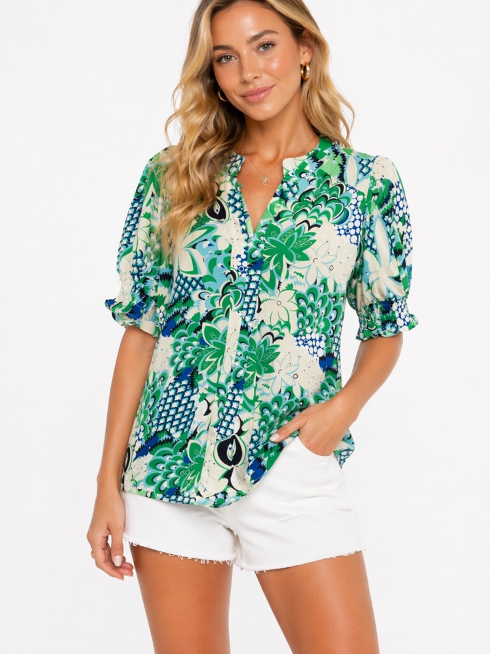 Jodifl Size Medium Women's Green Floral Print Blouse